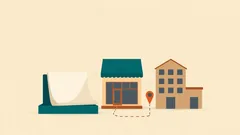 Cửa hàng mái hiên xanh, ghim bản đồ và đường chấm nối tới tòa nhà lớn hơn: mở thêm địa điểm kinh doanh