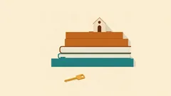 Chồng sách và bìa hồ sơ với ngôi nhà nhỏ trên đỉnh, chìa khóa phía trước: thủ tục thành lập doanh nghiệp